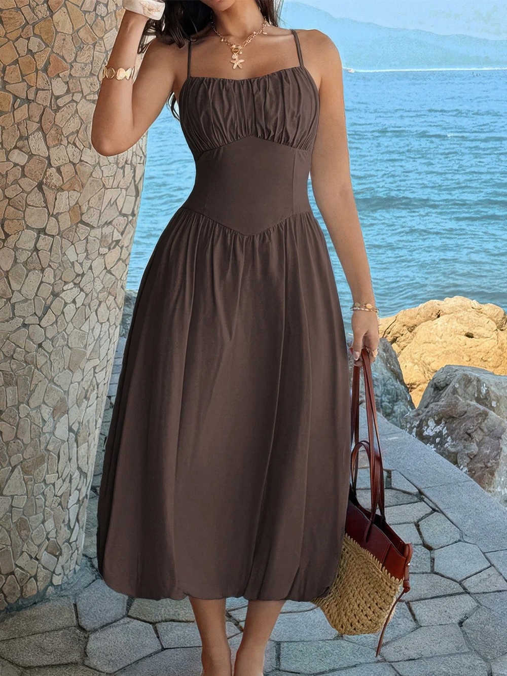 Solid Sleeveless Ruched Bust A Line Dress
